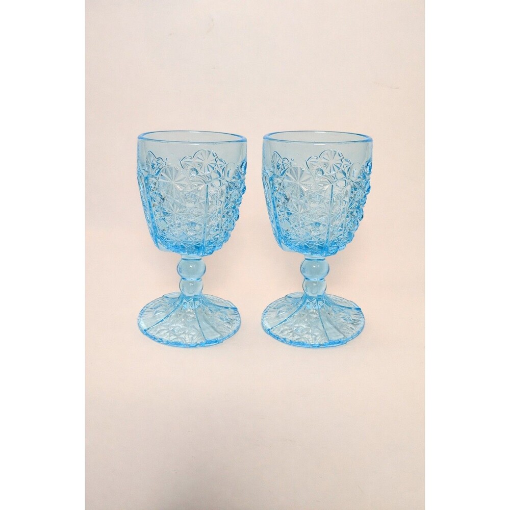 L.G. Wright Daisy & Button Blue Water Goblets Lot of 2 Vintage Pressed Glass